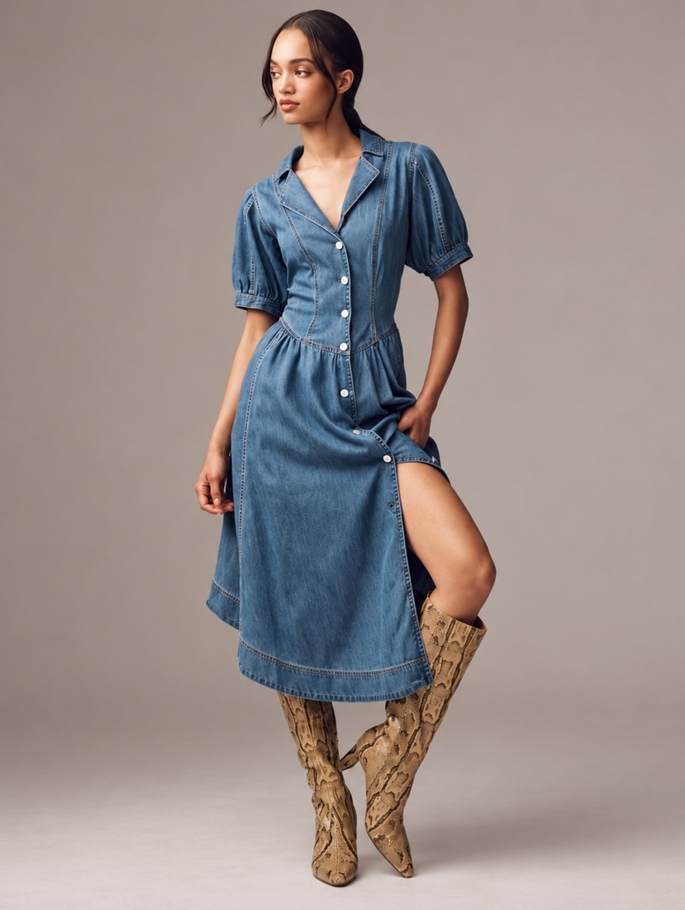 Pilcro Anthropologie Blue Denim Midi Shirt Dress Puff Sleeve Size 4